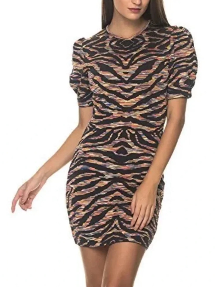 Free People Tiger Print Bodycon Dress Puff Sleeve Stretch Knit Size M
